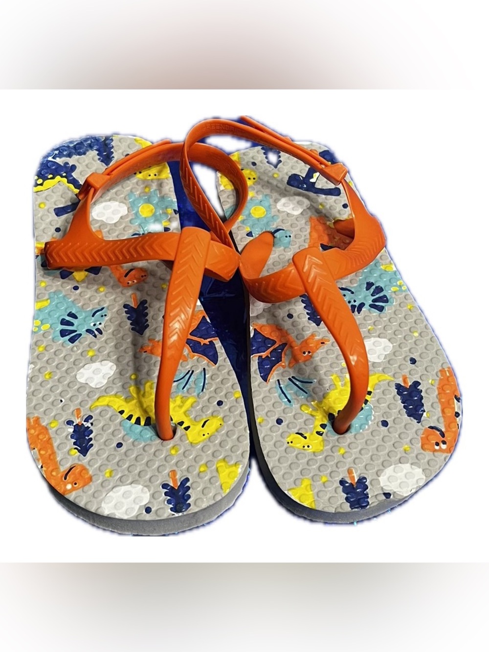 Kids Orange Strap Flip Flops with Dinosaur Print